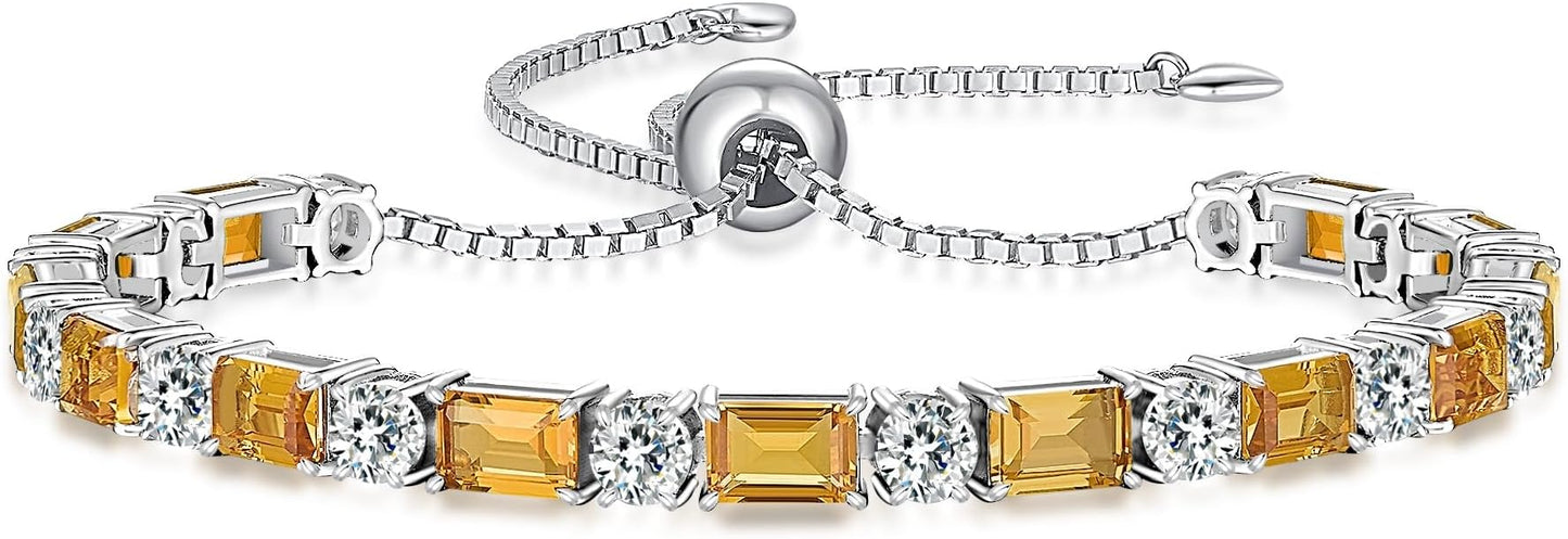 Birthstone Tennis Bracelets for Women White Gold Sterling Silver Gemstone Bracelets Adjustable Chain 6-9 Inchs Jewelry Anniversary Birthday Gifts for Women Mom Wife Her