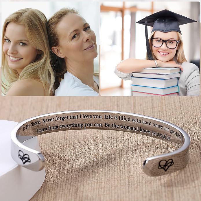 TONY & SANDY Inspirational Bracelets for Women Teen Girls Personalized Gifts for Daughter Granddaughter Mom Sister Friends Stainless Steel Engraved Cuff Birthday Easter Christmas