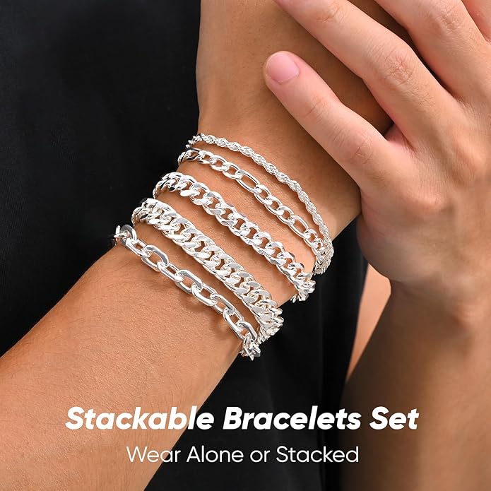 VNOX 5/7 Pcs Chain Bracelet for Men Women - Sturdy Stainless Steel Curb Width Cuban Link Chain Bracelet Set for Men Women,6.5/7/7.4/8.2/9 Inches