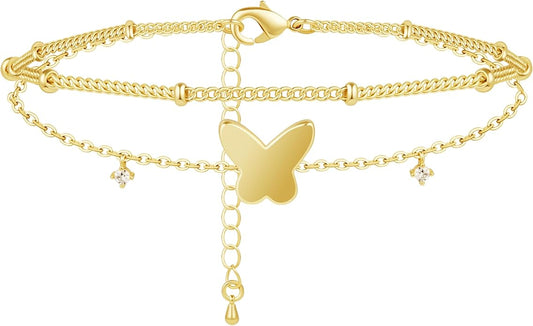 Sterling Silver Anklet Bracelets for Women Waterproof, 925 Sliver Plated CZ & Heart Charm Dainty Layer Anklets for Women Trendy, Simple Chain Anklets Set Gifts for Women, Jewelry Gifts for Her Women Mom Wife Girlfriend