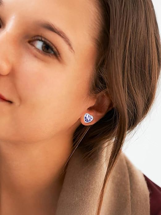 ChicSilver 925 Sterling Silver Birthstone Earrings for Women, 8MM/2 Carat Heart & Round Cubic Zirconia Stud Earrings, Hypoallergenic Jewelry, Ideal Birthday or Christmas Gifts