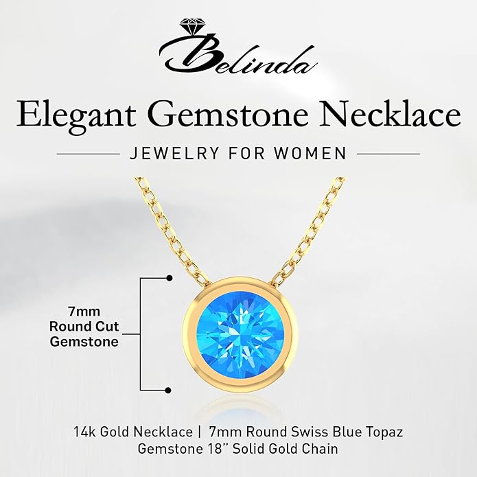 14K Gold Necklace for Women - 7mm Round Natural Gemstone Pendant with 18" Gold Chain - Trendy Birthstone Statement Fine Jewelry - Yellow Gold, Elegant Women's Accessories