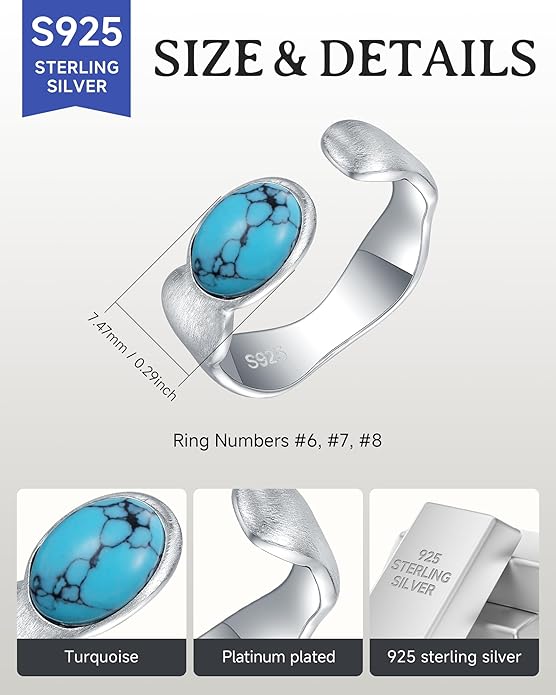 S925-Sterling-Silver Abalone Dragonfly-Turquoise Spoon Ring - Vintage Boho Sunflower Thumb Oxidized Wrap Rings Victorian Style Antique Floral Jewelry Gifts for Women