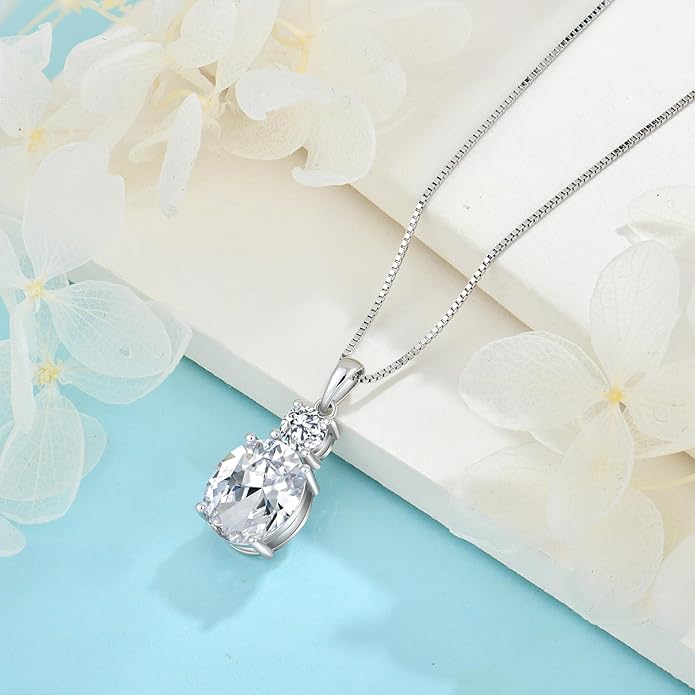 Birthstone Necklace for Women 925 Sterling Silver Oval Cut Cubic Zirconia Pendant Jewelry Gifts for Her