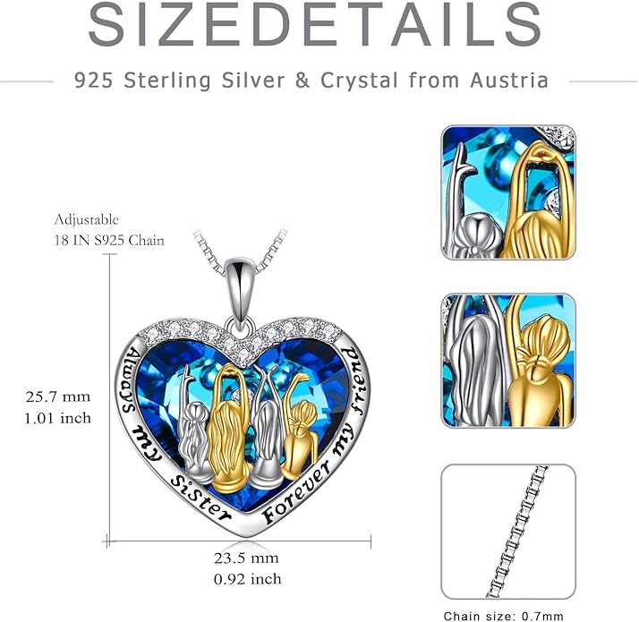 POPKIMI 925 Sterling Silver Sister Necklace - Birthday Gift for Sisters, Mom, Daughter - Always My Sister Forever My Friend Crystal Necklace for 2/3/4/5 Sisters
