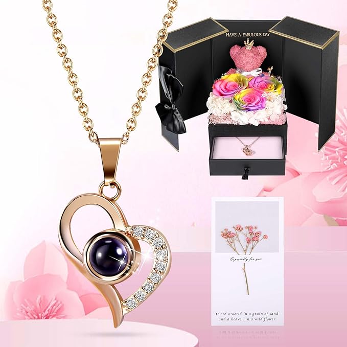 ADDWel Rose Gifts for Women - Preserved Real Roses Forever Rainbow Flowers with I Love You in 100 Languages Necklace and Cute Moss Bear for Girlfriend Wife Mom Grandma on Birthdays, Anniversaries
