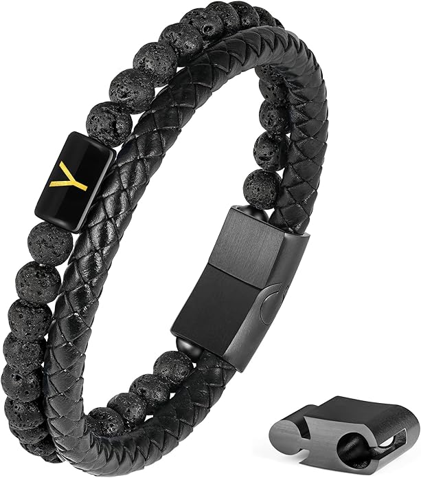 FOCOOG Leather Bracelets for Mens Gifts - Premium Genuine Leather Natural Lava Rock Matte Agate Adjustable Stainless Steel Magnetic Clasp Initial Bracelet, Unique Gifts for Men Husband Dad Son