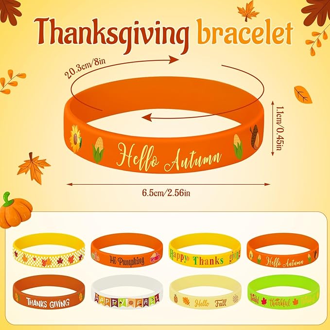 JUNEBRUSHS 64pcs Thanksgiving Party Favors Fall Leaves Pumpkin Silicone Bracelets Rubber Wristbands for Autumn Thanksgiving Home Office Party Decorations Gifts