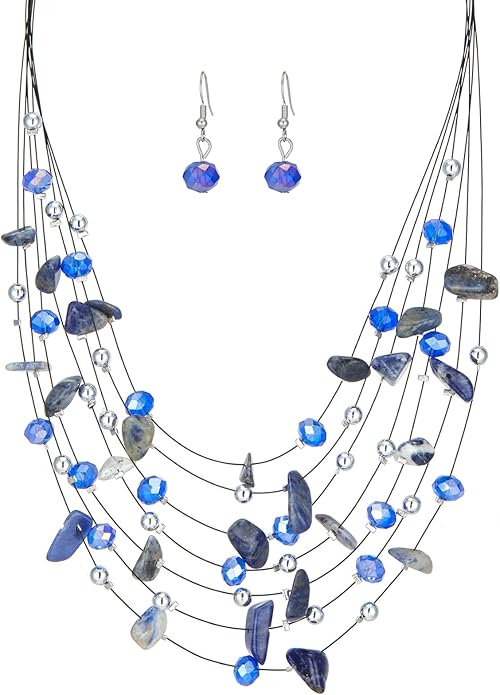 Multi-Layer Boho Shell Beaded Necklace for Women Colorful Crystal Strand with Silver Beads Statement Collars Necklace and Earrings Costumes Jewelry Sets for Women