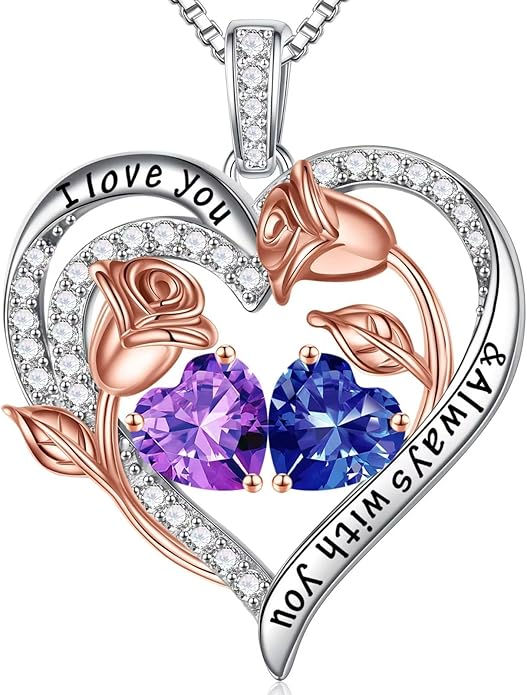Iefil Birthstone Necklace for Women - 925 Sterling Silver Rose Heart Birthstone Necklace Birthday Anniversary Jewelry Gifts for Her Wife Mom Daughter