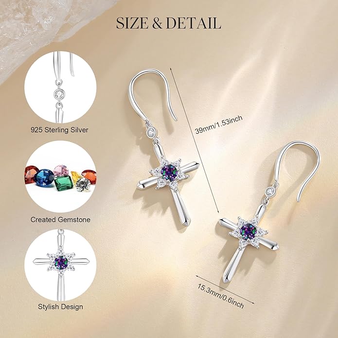FANCIME Cross Dangle Drop Earrings 925 Sterling Silver Dainty Round Birthstone Earring Fine Jewelry Birthday Gifts for Her Women