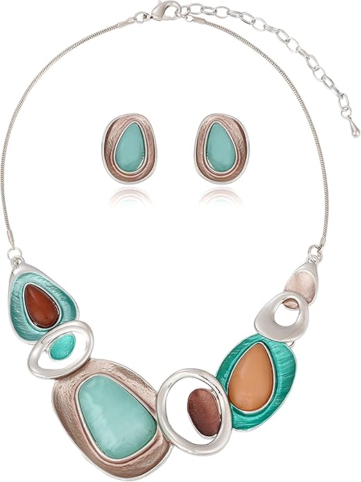 Vintage Chunky Statement Jewelry Set Retro Leaf Floral Geometric Bohemian Boho Bib Necklace Earring Set Fashion Costume Jewelry for Women Girls Wedding Party Prom Unique Gift