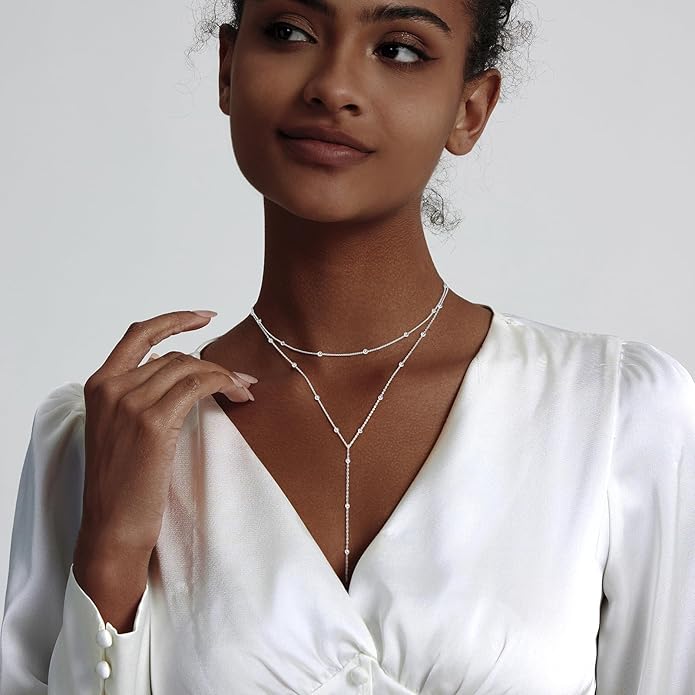 Luxval Lariat Silver Necklace for Women, Dainty Long Necklace Silver Y-Shaped Pendant Necklaces Trendy Beaded Chain Drop Necklaces Jewelry for Women Gifts