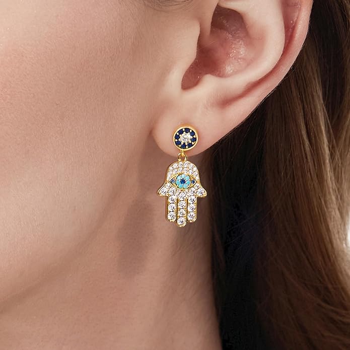 Cicy Bell Womens Evil Eyes 18k Gold Plated Dangle Earrings Hamsa Hand Turquoise Cubic Zirconia Elegant Drop Earrings Trendy Jewelry Gifts for Lover Mom Friends