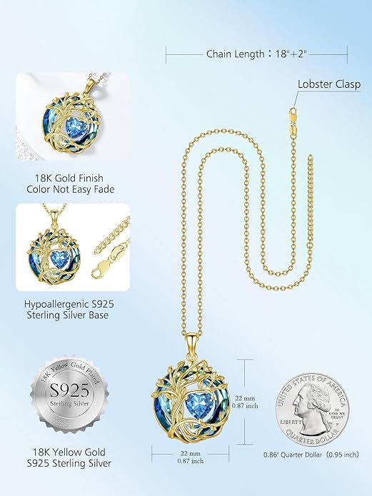 TOUPOP Tree of Life Birthstone Necklace 925 Sterling Silver Pendant Austrian Crystal Jewelry Anniversary Birthday Christmas Gifts for Women Mom Her Wife