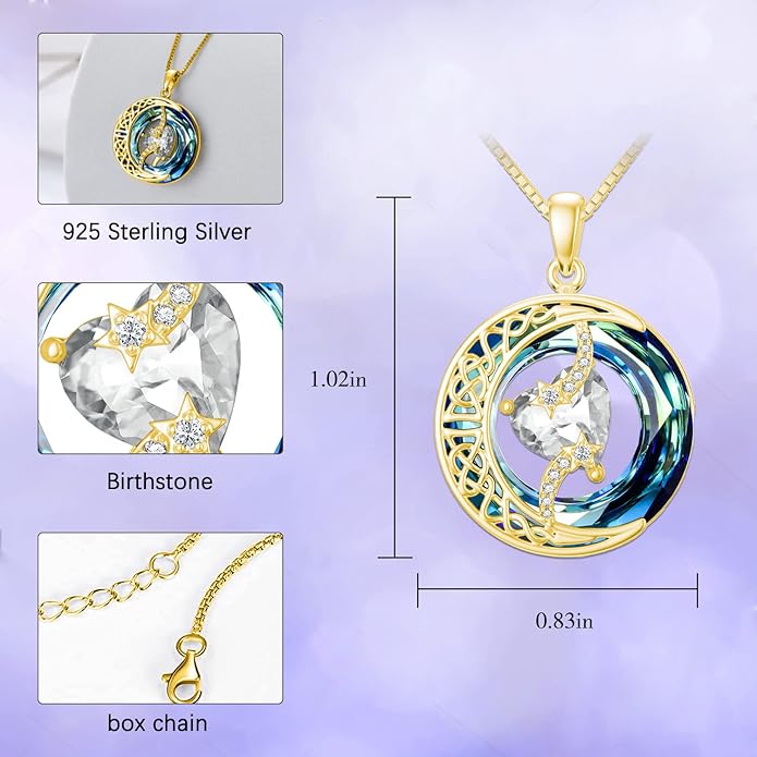 TOUPOP Christmas Gifts Birthstone Necklace 925 Sterling Silver Moon and Star Pendant with Blue Crystal Celtic Moon Jewelry Birthday Gifts for Women Mom Wife Her Daughter