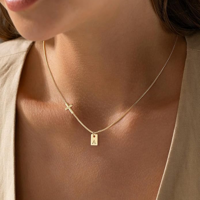 Cross Necklace for Women with Initial, 14K Gold Plated Dainty Cross Pendant Choker Initial Gold Necklace for Women Jewelry Gift