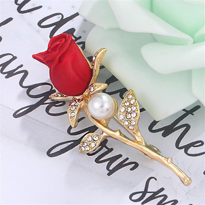 QLUYCKW Rose Flower Brooch Pin for Women Fashion Dainty Gold Plated 3D Red Roses Floral Crystal Brooch Pin Birthday Dress Suit Accessories Jewelry
