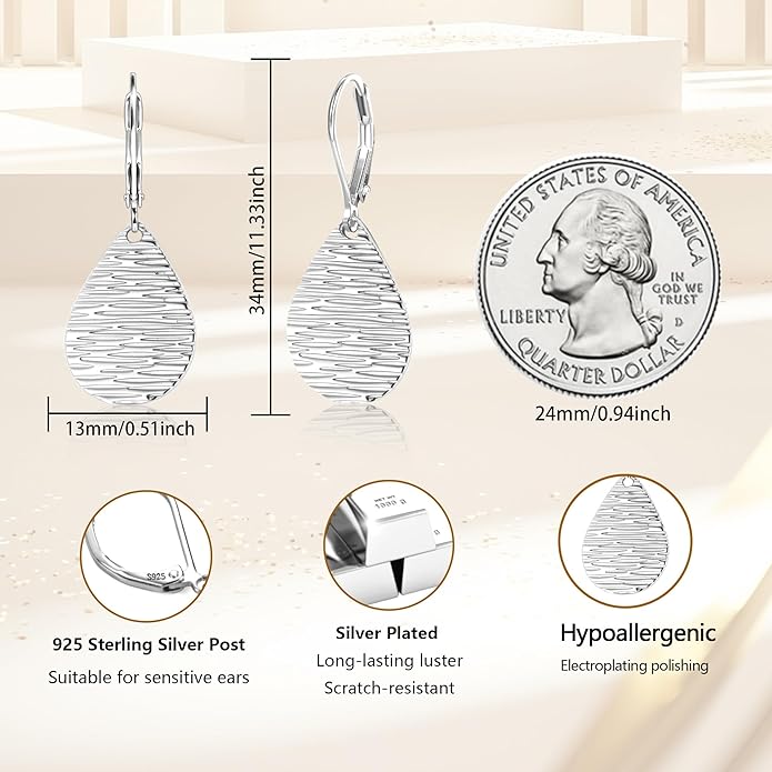 Sterling Silver Dangle Earrings for Women Trendy 14k Gold Dangle Drop Earrings Teardrop Hammered Leverback Earings for Women Jewelry Gifts