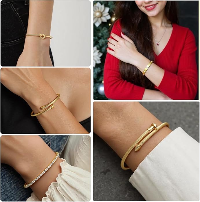 FAFUGA 18 K Gold Plated Love Bangle Bracelet Stack Cuff Jewelry for Women Jewelry Set for Women Gift with Box