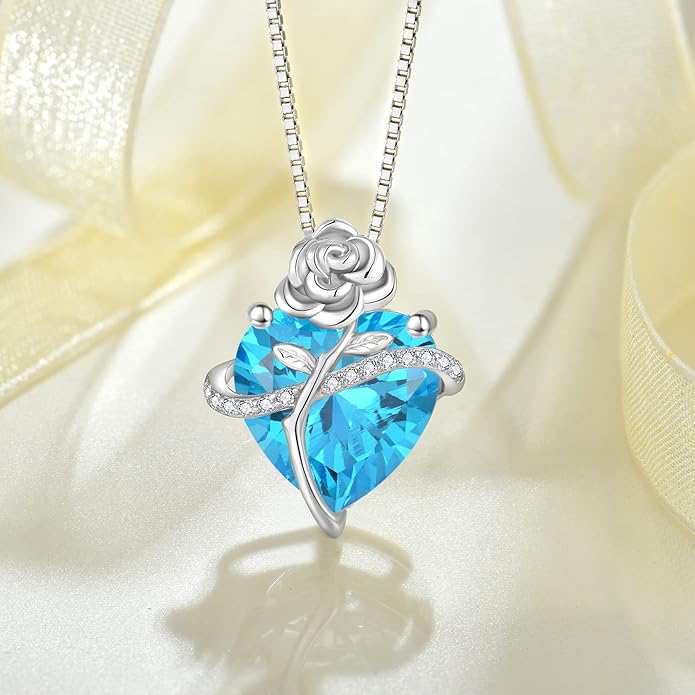 Birthstone Necklace for Women 925 Sterling Silver Love Heart Rose Flower Necklace Dainty Jewelry Gifts for Women Wife Girlfriend Mother Daughter Her