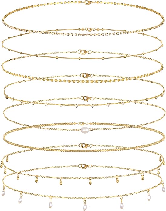 Tornito 8Pcs Waist Belly Chain CZ Heart Pearl Snake Bead Sequin Paperclip Belly Chain Summer Beach Sexy Body Chains Jewelry Accessories for Women Adjustable