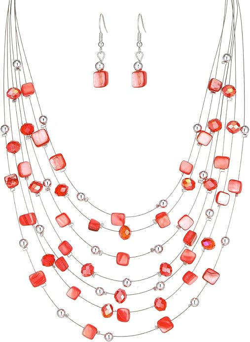 Multi-Layer Boho Shell Beaded Necklace for Women Colorful Crystal Strand with Silver Beads Statement Collars Necklace and Earrings Costumes Jewelry Sets for Women