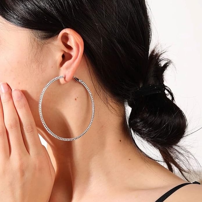 925 Sterling Silver Earrings Large Rhinestone Hoop Earrings Big Cubic Zirconia Hoop Earrings Thin Rhinestones Round Hoop Earrings for Women 20/30/40/50/60/70mm Sparkly Hoops With Crystals for Womens