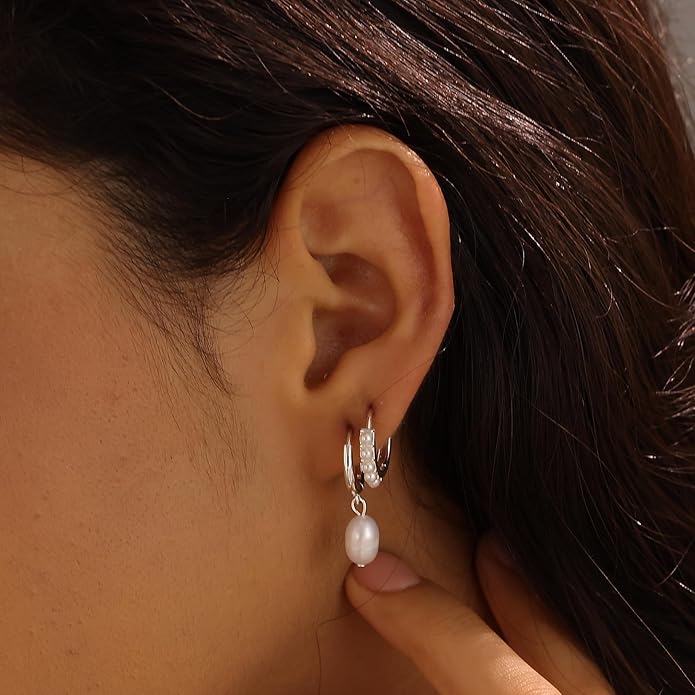 Gold Plated Earrings for Women, 14k Gold Plated Earring Stack Hypoallergenic Pearl Drop Earring Dainty Earrings for Women Trendy Cute Small Huggie Hoop Earring Fashion Womens Jewelry