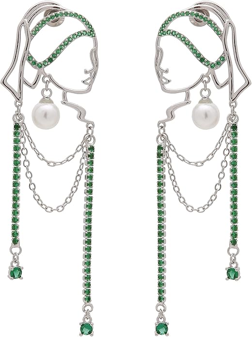 Unique Abstract Face Art | Dangle Statement Long Earrings for Women | Rhinestone Tassel Handmade Chandelier Earrings