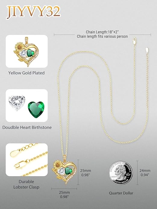 Sunflower Heart Necklace for Women 14K Gold Exquisite Anniversary Birthday Gifts for Wife Mother Her Double Birthstone Pendant jewelry‘You Are My Sunshine’
