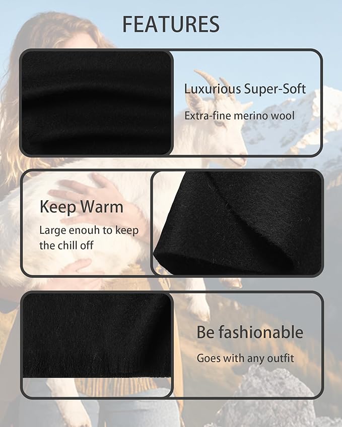 WASALUYA Wool Scarf for Women & Men, 100% Wool Scarves Wrap Shawl with Tassels, Elegant Soft Winter Scarf for Fall and Winter