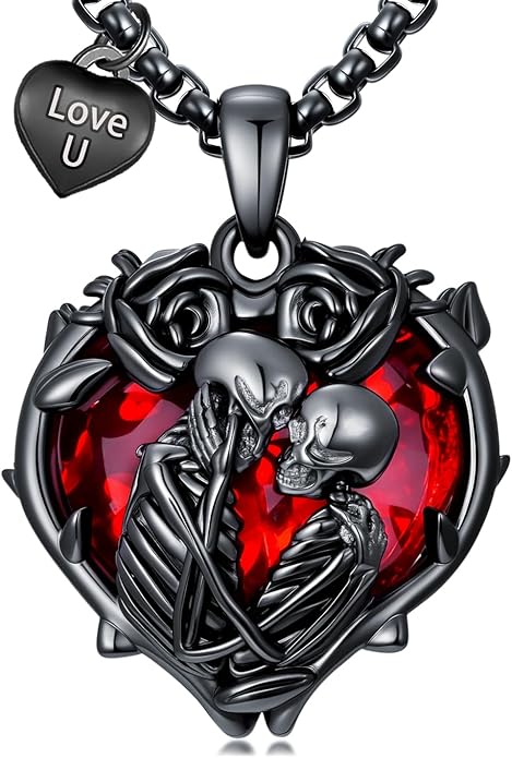 Flpruy 925 Sterling Silver Black Gothic Jewelry Gifts Skeleton Couple Pendant Crystal Birthstone Heart Necklace Punk Romantic Jewelry for Lover Men Women