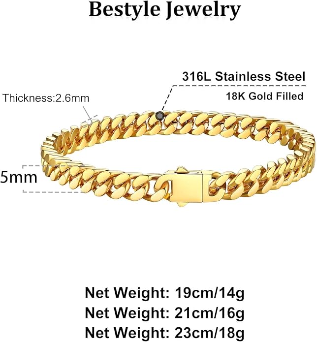Bestyle Thick Mens Cuban Link Chain Bracelets, Durable Real 18K Gold/Black Metal Plated Solid Stainless Steel Hand Chain Cuban Bracelets for Men, Silver Black Gold Bracelets for Father Husband