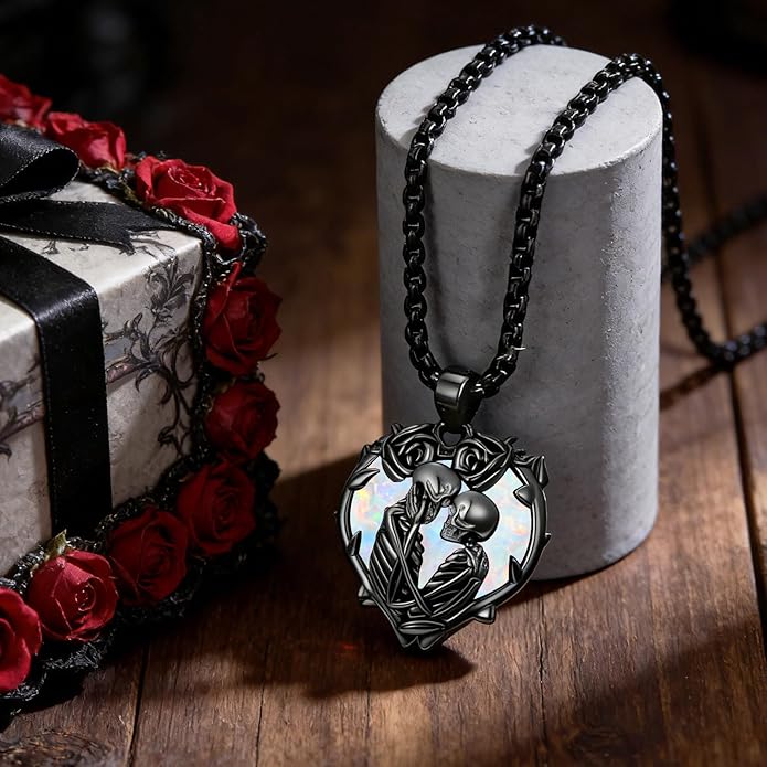 Flpruy 925 Sterling Silver Black Gothic Jewelry Gifts Skeleton Couple Pendant Crystal Birthstone Heart Necklace Punk Romantic Jewelry for Lover Men Women