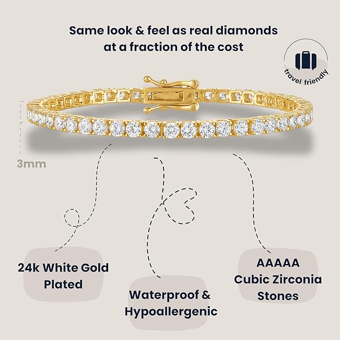 KISPER Tennis Bracelet for Women - 24K White Gold or Gold Plated Round Cut AAAAA CZ, 3mm/4mm Width, Elegant Jewelry Gift, 6.5/7/7.5 Inch