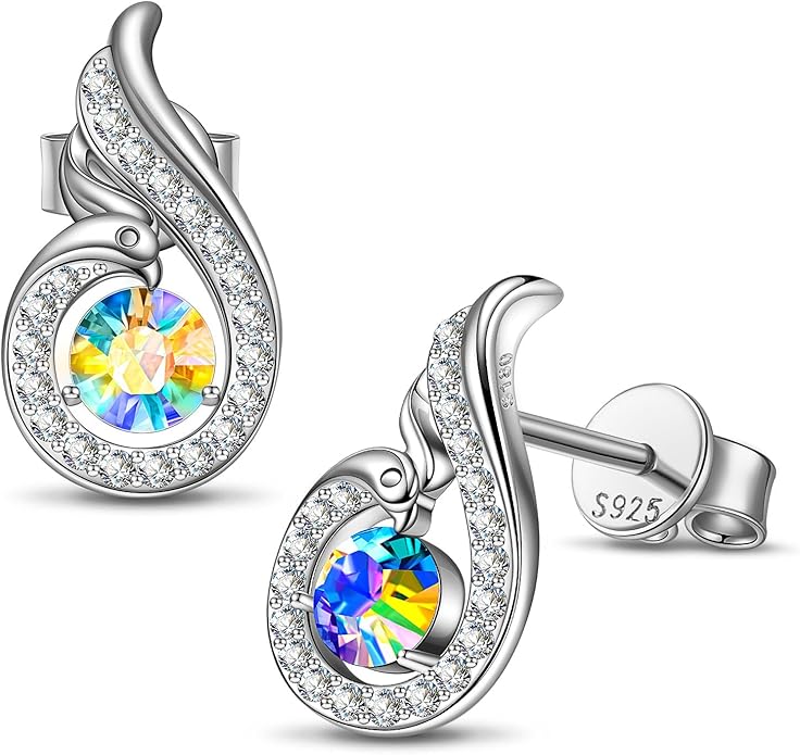Kate Lynn "Rise From the Ashes" Sterling Silver Phoenix Earrings, Stud Earrings with Crystals from Austria, Packaged with Jewelry Box, Birthday Gifts for Women, Symbol of Luck and Renewal