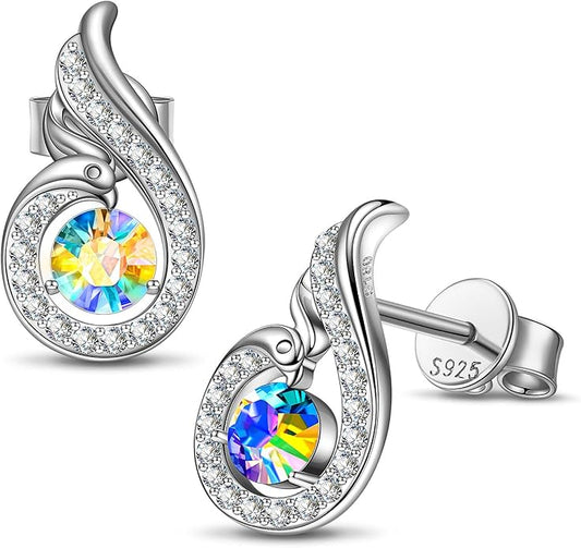 Kate Lynn "Rise From the Ashes" Sterling Silver Phoenix Earrings, Stud Earrings with Crystals from Austria, Packaged with Jewelry Box, Birthday Gifts for Women, Symbol of Luck and Renewal