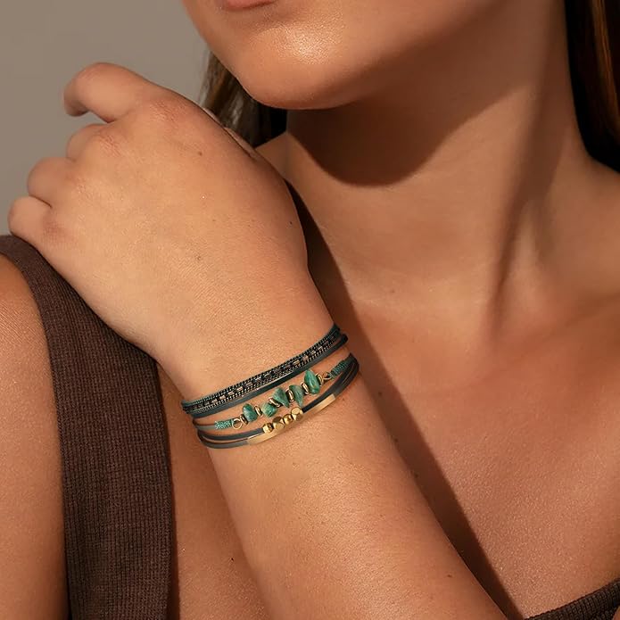 Fesciory Leather Wrap Bracelets for Women, Boho Leopard Multi-Layer Crystal Beads Cuff Bracelet Jewelry