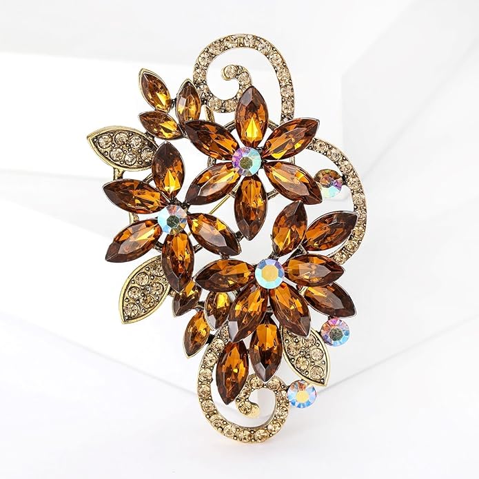 YOQUCOL Vintage Red Austrian Crystal Rhinestone Flower Shape Brooch Pin for Women