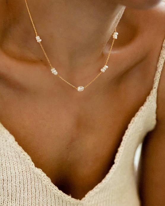 Gold Pearl Necklace for Women, Chunky 18K Gold Plated Layered Choker Chain - Double Layered Pearl Necklace, Trendy Gold Jewelry Birthday Gifts