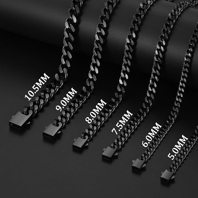 Fiusem Valentines Day Gifts for Him Silver Tone/Black/14K Gold Plated Chain Necklace for Men, 5mm/6mm/7.5mm/8mm/9mm Stainless Steel Cuban Link Chain Necklace, Men's Chains 18-28 Inch Jewelry Gifts