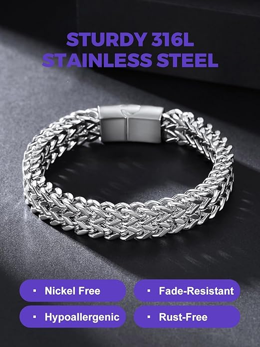 Richsteel Bracelets for Men 6mm/10mm/12mm Width Stainless Steel With Sturdy Clasp Franco Curb Chain Mens Bracelet 7.4/8.2/9 Inches Length