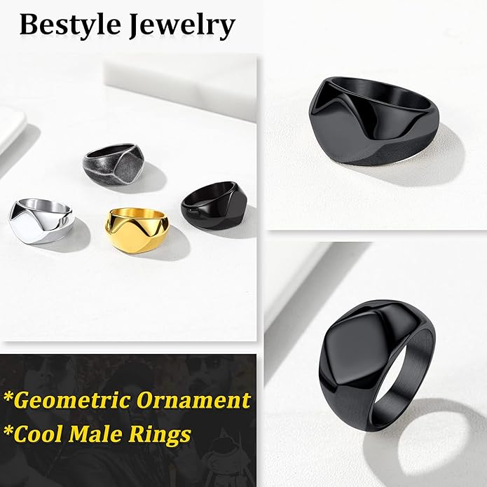 Bestyle Stainless Steel Signet Ring for Men Women in Gold/Black/Silver/Vintage Gray Tone, Chunky Thick Heavy Dome Band Ring Cool Finger Ring, Gift for Dad Husband, Size 7-14 Customizable