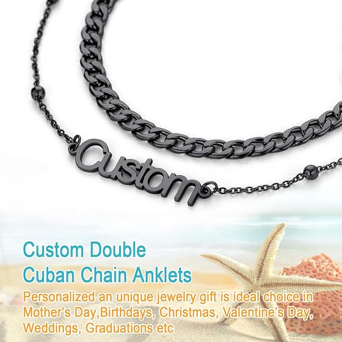 U7 Custom Layered Ankle Bracelets for Women Stainless Steel Bead/Cuban/Figaro/Rope/Wheat Chain Anklet Waterproof Anklet Jewelry for Beach Vacation