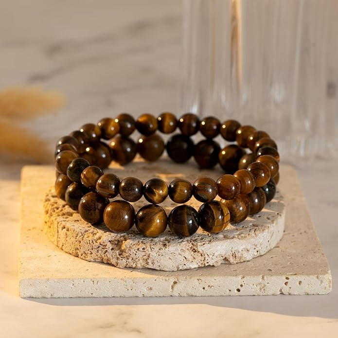 RANKEEF Mens Bead Bracelet Set - Adjustable Elastic Rope With 6&8MM Natural Stone Multi-Colored Beads - Tiger Eye Bracelets for Men - Gift
