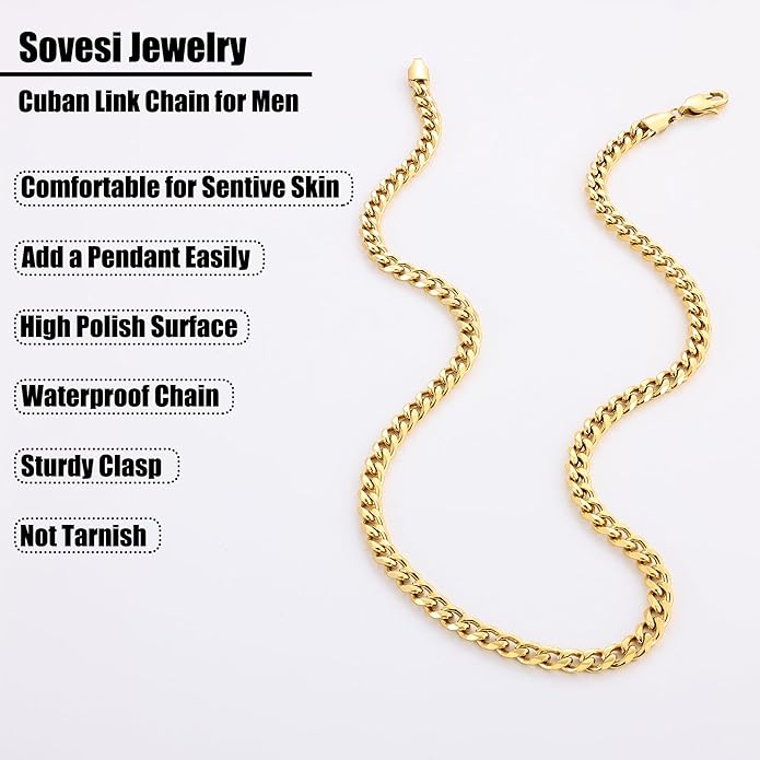 sovesi 3.5/5mm Cuban Link Chain Necklace for Men, Silver Tone/Black/14K Gold Plated Stainless Steel Necklace Chain, Mens Chain 16-28 Inch Jewelry Gift