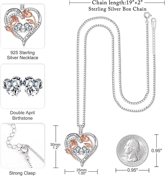 Iefil Birthstone Necklace for Women - 925 Sterling Silver Rose Heart Birthstone Necklace Birthday Anniversary Jewelry Gifts for Her Wife Mom Daughter
