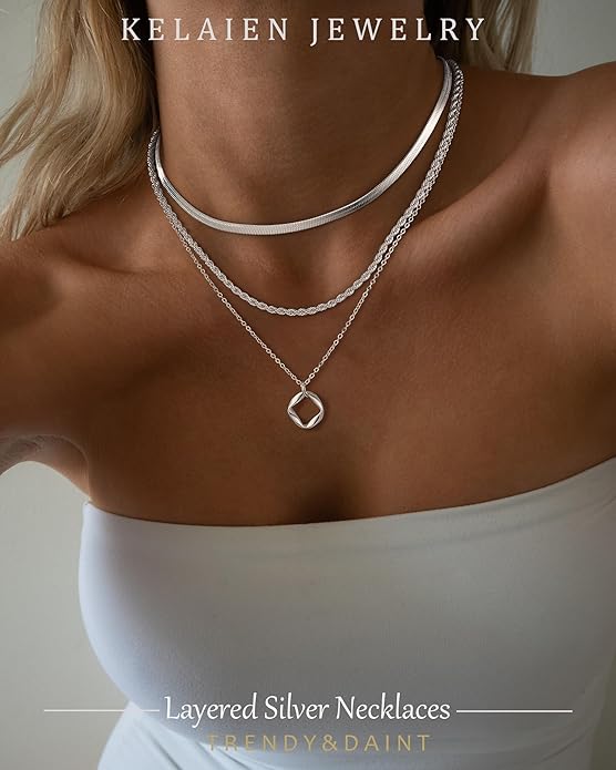 Layered Gold Silver Necklace for Women Non Tarnish,Dainty Choker Statement Chunky Necklace Stack Charm Pendant Chain Necklace Set 14K Gold Plated Long Stacked Womens Necklaces Trendy Jewelry Gift
