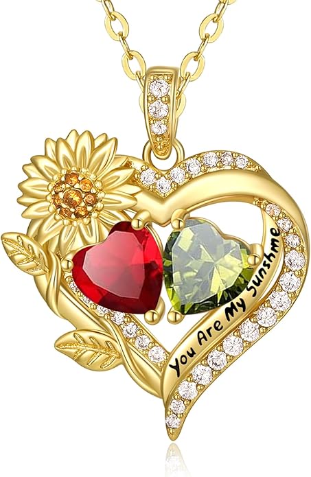 Sunflower Heart Necklace for Women 14K Gold Exquisite Anniversary Birthday Gifts for Wife Mother Her Double Birthstone Pendant jewelry‘You Are My Sunshine’